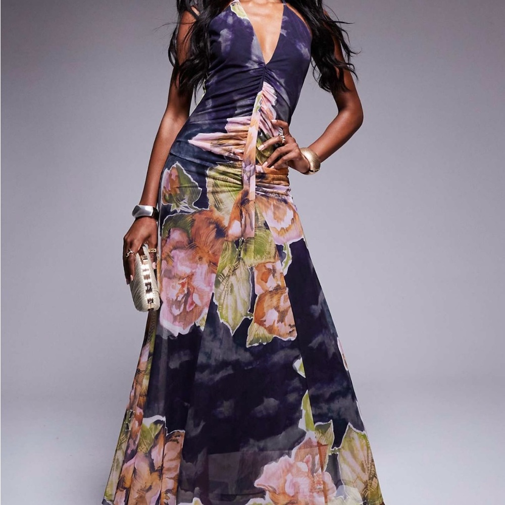 ASOS Ruched Blue and Pink Maxi Gown for Wedding Guest